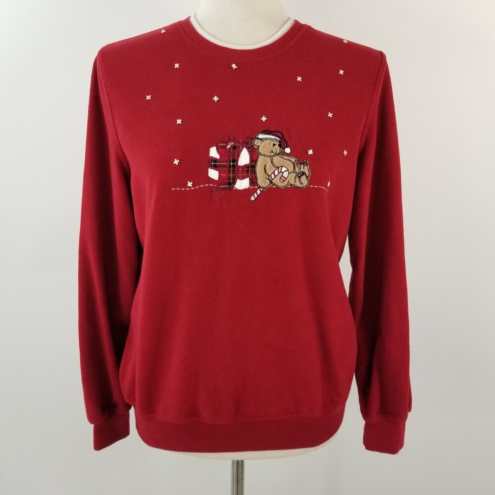 Alfred Dunner Red Christmas Teddy Bear Fleece Top Size Small Petite
